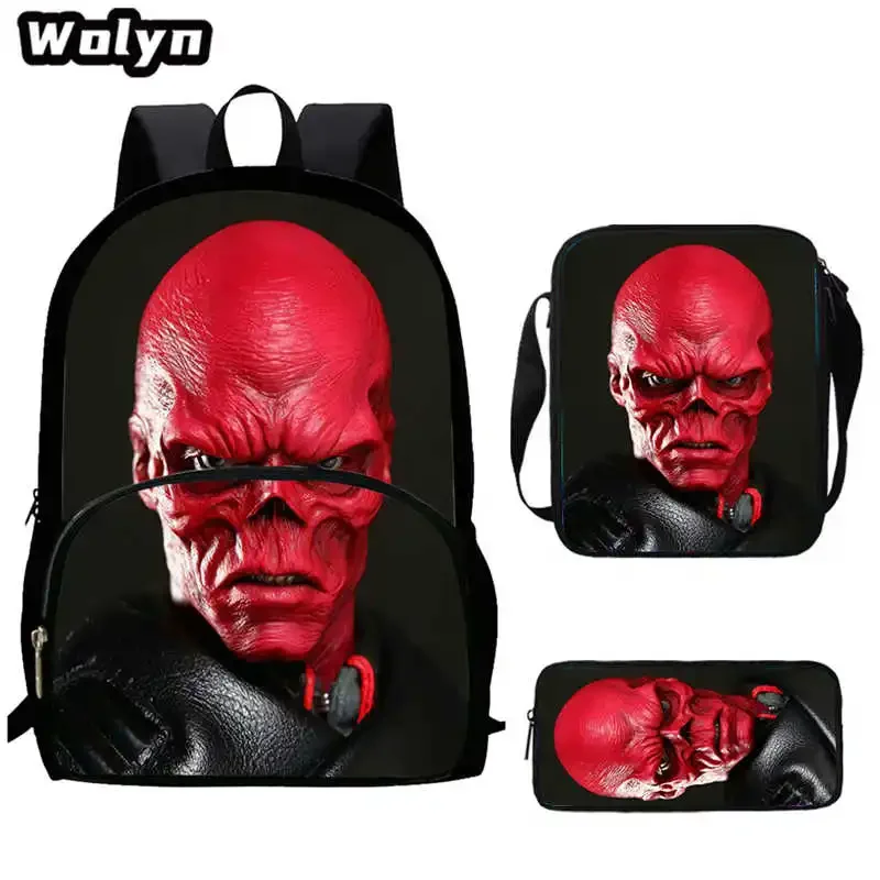 3Pcs Set of Red Skull Backpacks with Shoulder Bags,Pencil Bags,Cartoon School Bags for Boys Girls,Comic Book Bags for Pupil