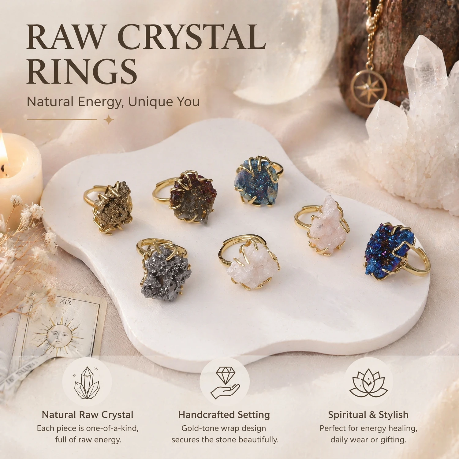 2026 Adjustable Natural Crystal Raw Cluster Ring Colorful Healing Crystal Jewelry Unisex Crystal Wristband Mindfulness Accessory