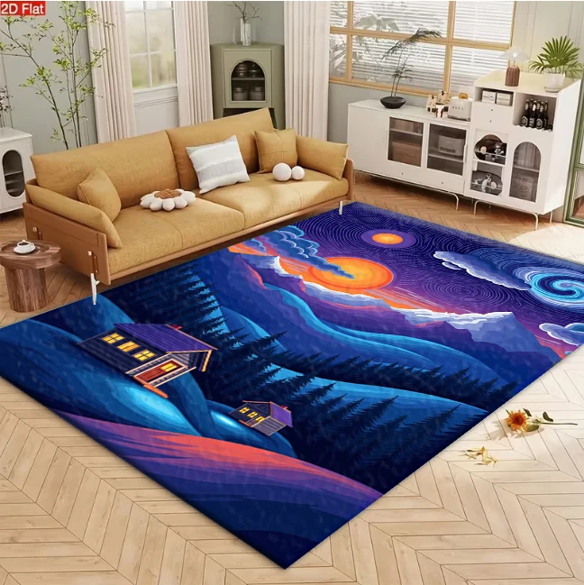 Carpet Flooring Mountain Forest House Starry Sky Abstract Art Print Home Decoration Floor Rug for Indoor Space