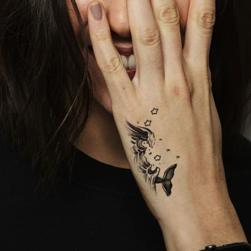 Waterproof Temporary Tattoo Sticker Black Whale Spaceman Waves Clouds Fake Tattoos Flash Tatoo Hand Body Art for Women Men