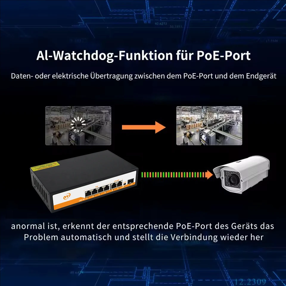 Switch Ethernet SFP Gigabit POE RJ45 de 7 portas com plug and play não gerenciado 802.3af/at Uplink, para câmera IP/NVR