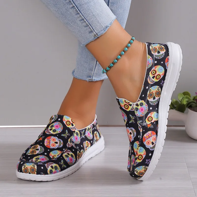 Damskie płaskie trampki Fashion Skull Printing Slip on Walking Shoes for Women Outdoor Light Ladies Casual Shoe Tennis Female New