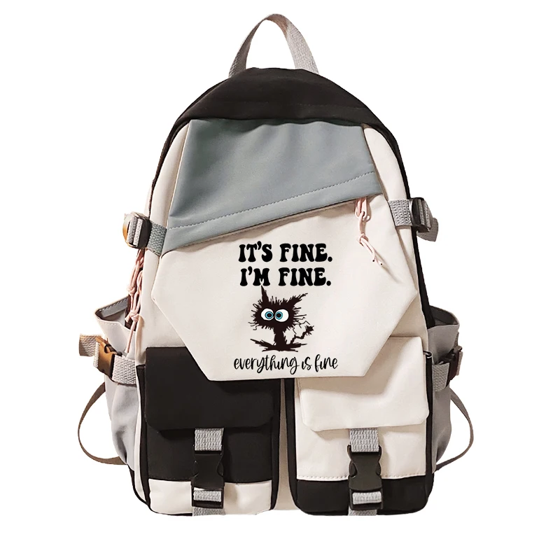 

2022 New Funny Cat It's Fine I'm Fine Everything Is Fine Print School Bag Cartoon Graphic School Backpack Bag Harajuku Bagpack