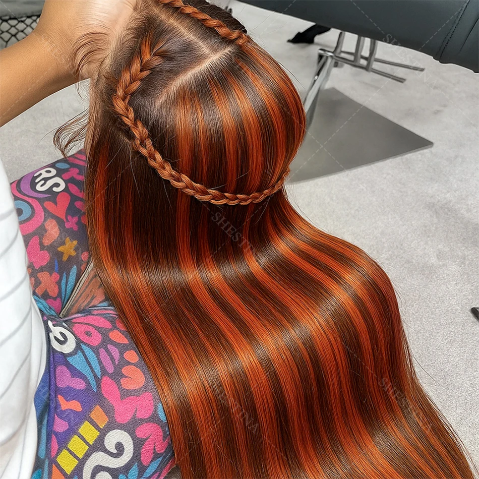 

# 4/350 Рыжие Коричневые Выделенные Прямые Волосы 5x5 Предварительно Срезанные Кружевные Застежки Бесклеевой Парик Человеческие Волосы Омбре Имбирь С Коричневым Цветным Париком