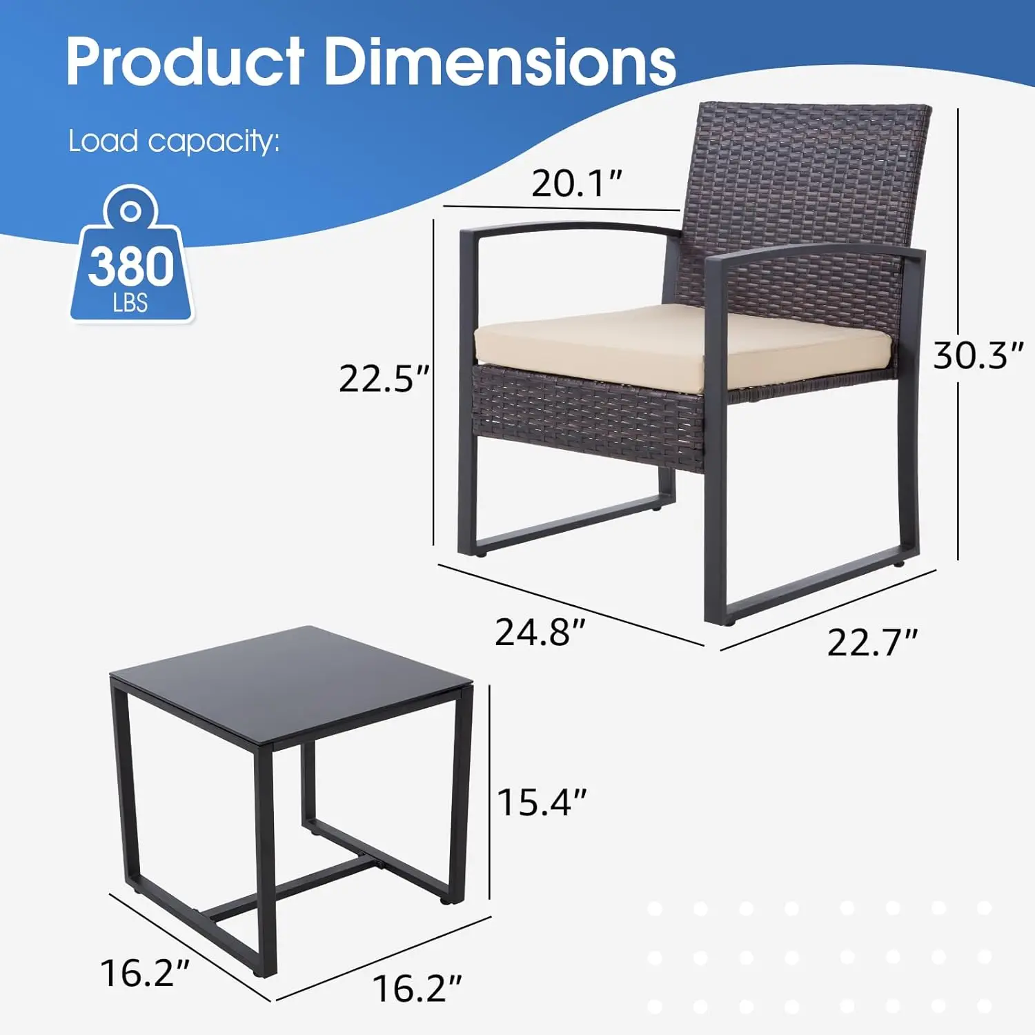 3PCS Patio Furniture Set, Outdoor Wicker Bistro Conversation Set with Padded Cushions & Glass Table, Garden Rattan Chair Set fo