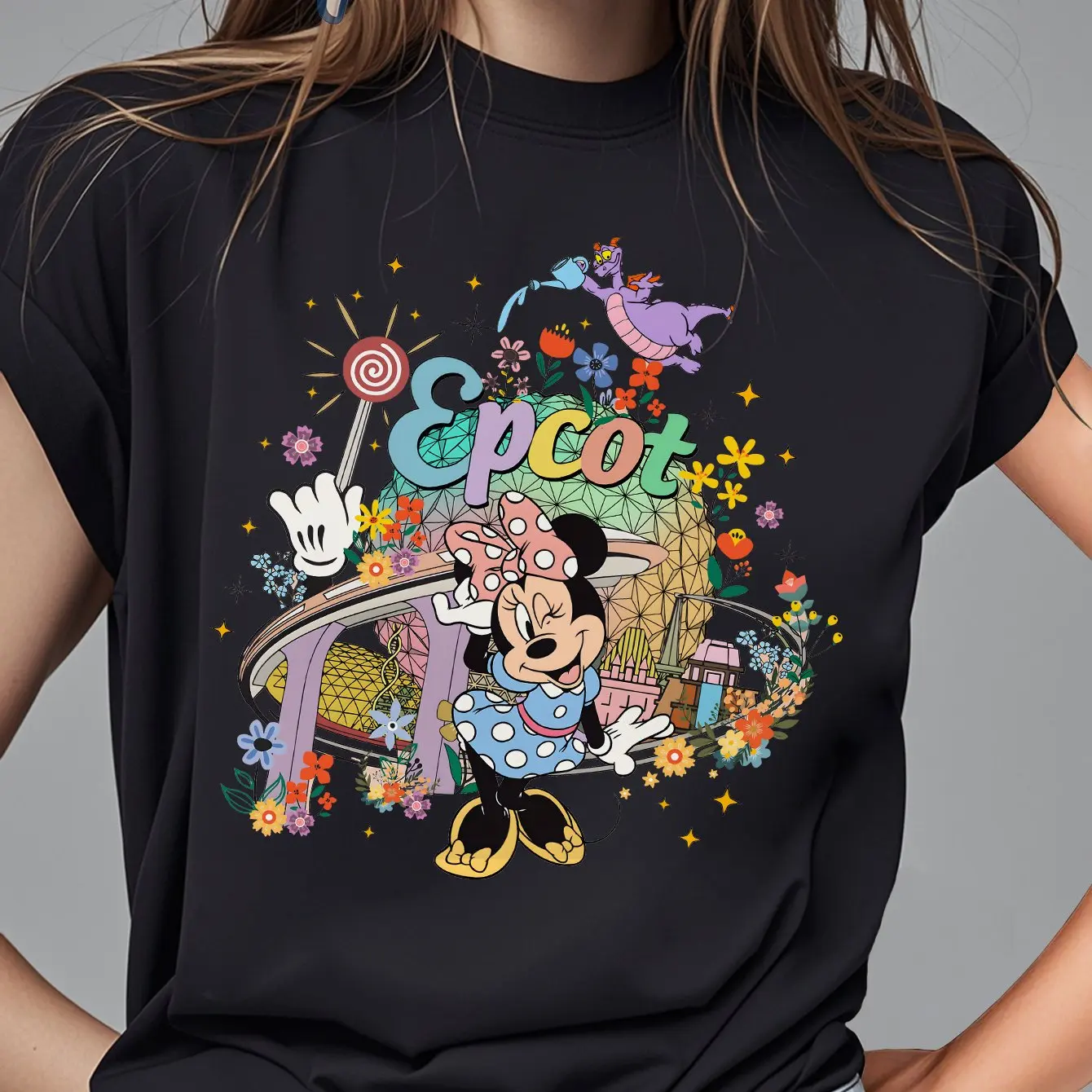 

Женская черная футболка с рисунком Минни Маус Диснея — летний топ с короткими рукавами и круглым вырезом