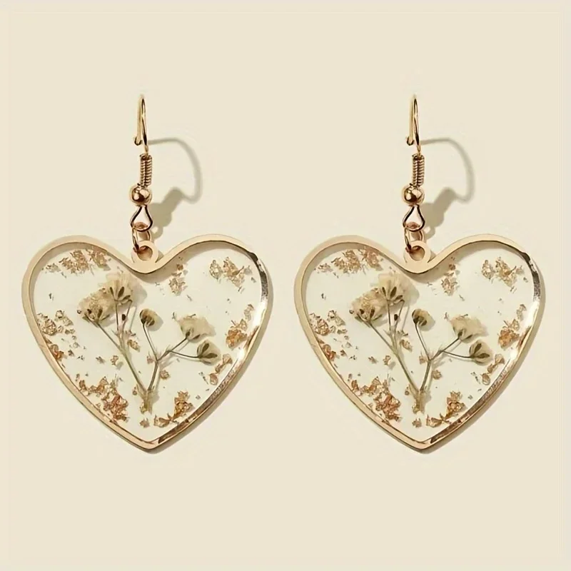 Fashionable Dry Flower Heart Earrings Transparent Resin Ear Drops Women's Holiday Party Gifts Jewelry Accessories