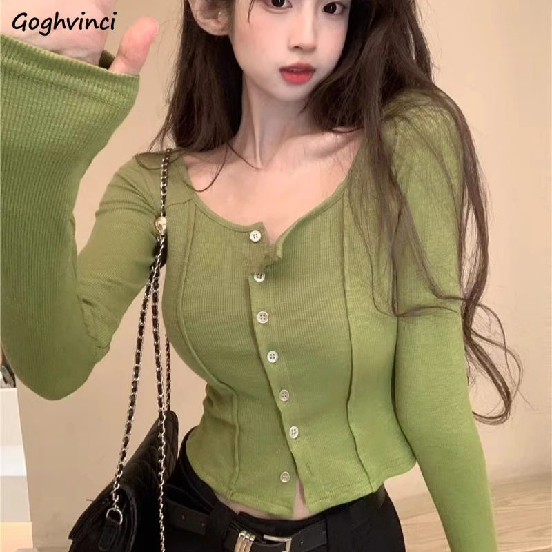 Shirts Women Chic Solid Slim Fit Korean Fashion Streetwear Casual Ins Autumn Daily Knitted Long Sleeve Cropped Trendy Mujer Y2k