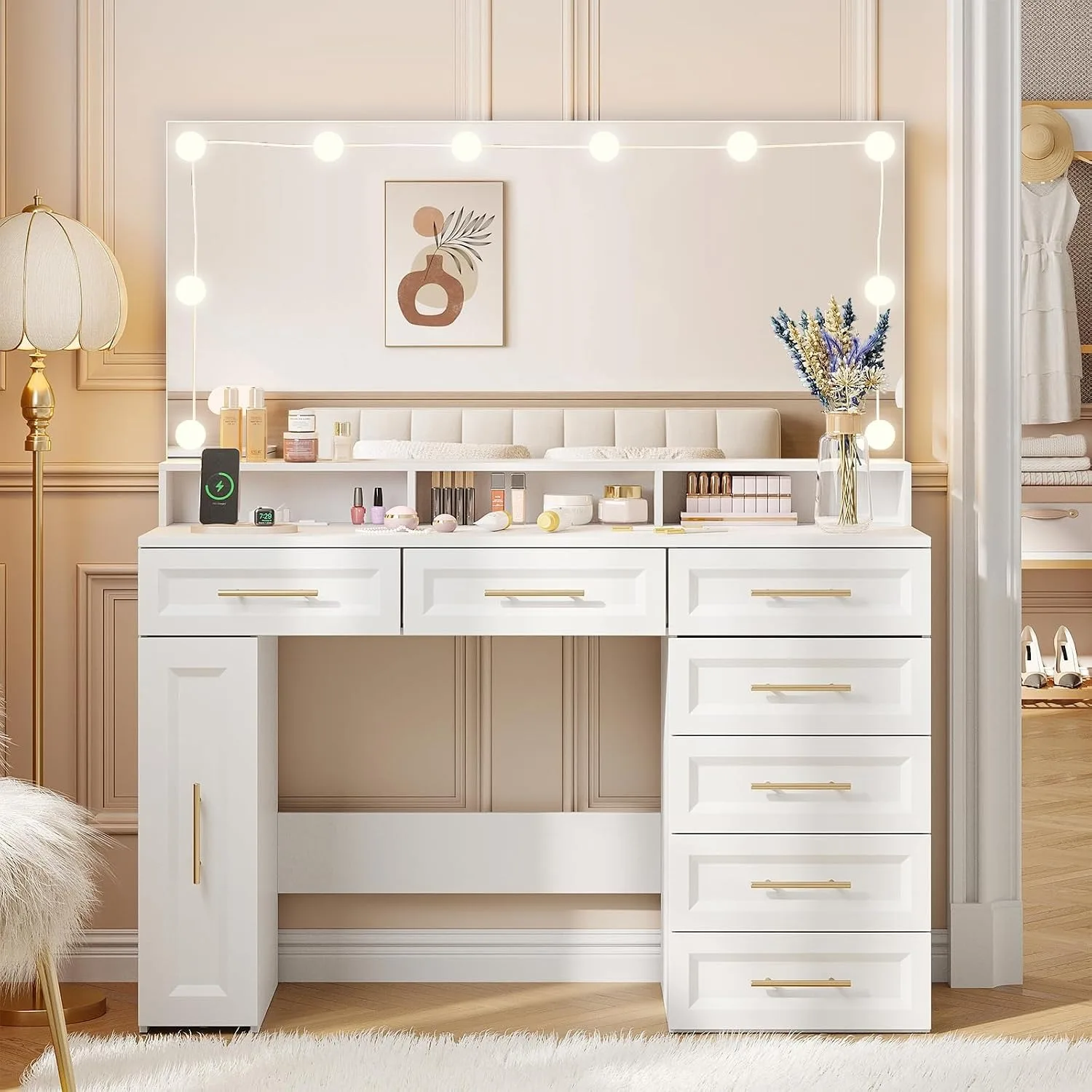 Vanity Desk with Lights and Large Mirror,Makeup Vanity with 8 Drawers & Charging Station,3 Color Hollywood Bulbs, Customized