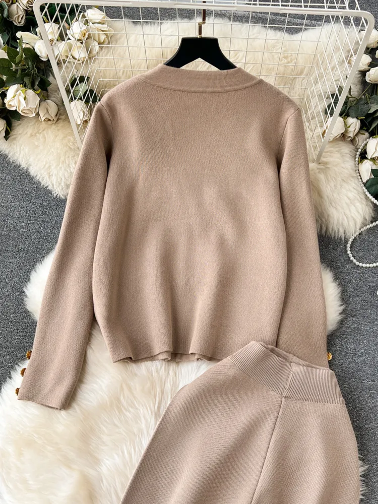 Fashion Knitted Women Suits Single Breasted Gold Button V Neck Cardigan+Wide Legs Long Pants Autumn Winter Loose Sweater Sets