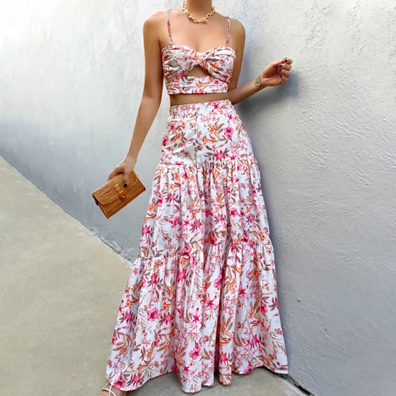 Two Piece Sets Women Dress Sets Skirts Set Print Floral A Line Long Skirt Sexy Sleeveless Strapless Elegant Party High Waist