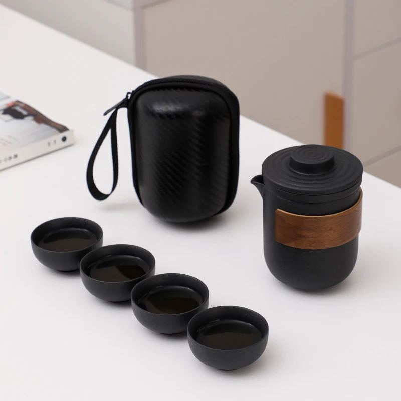 Black Ceramic Quick Cup Portable One Pot Four Cups Travel Tea Set with Small Teapot Outdoor Car Supplies New