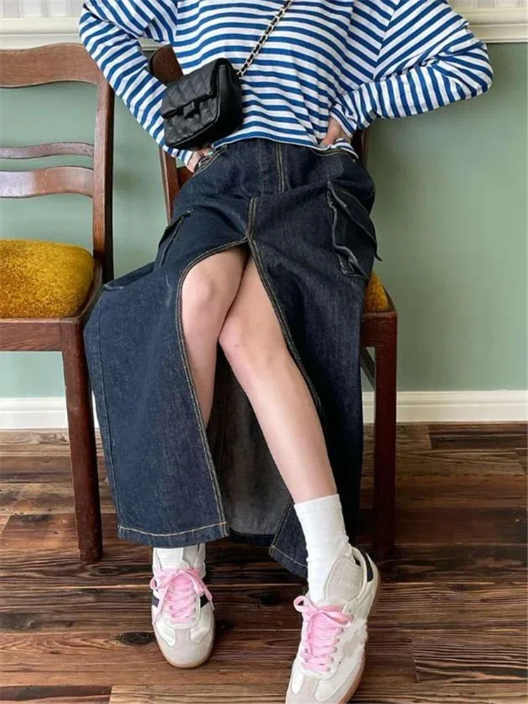 REALEFT วินเทจสูงเอวด้านหน้าแยกผู้หญิง Cargo DENIM กระโปรง 2024 ฤดูใบไม้ผลิฤดูร้อนใหม่แฟชั่นกางเกงยีนส์ A-Line กระโปรงหญิง