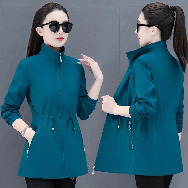 Windbreaker Women Mid Length Outerwear 2023 Spring Autumn New Korean Waist Jacket Trench Coat for Women Basic Coat Mom Clothes