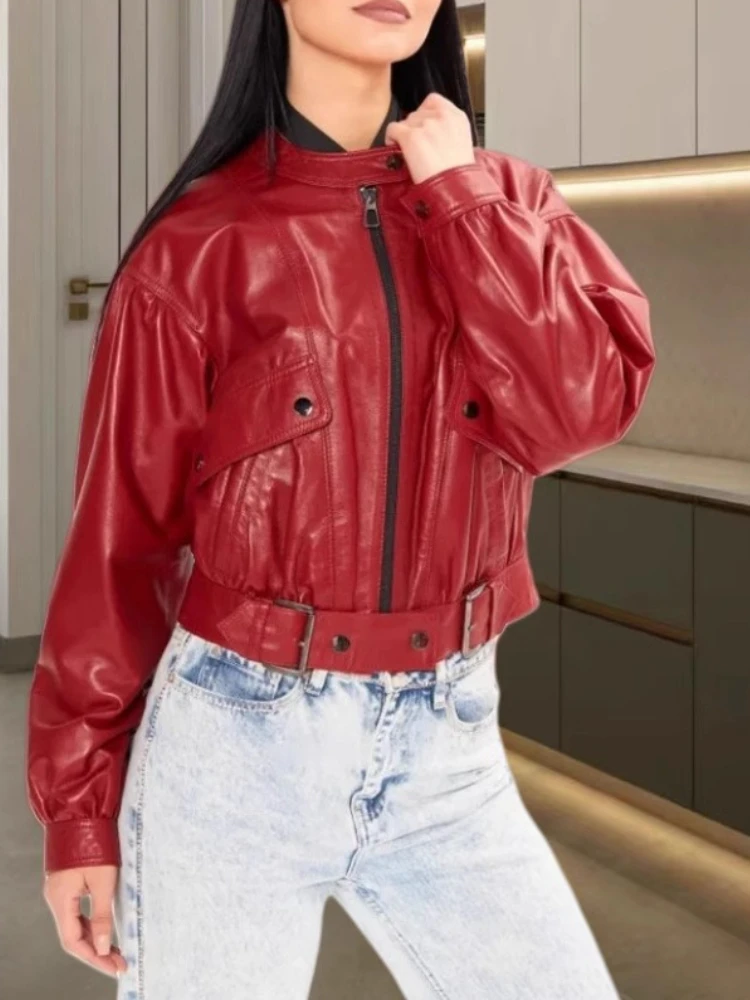 

2025 Spring/Summer New Trend Red High Street V-Neck Leather Jacket Women's Personalized Zippered Blouse Top