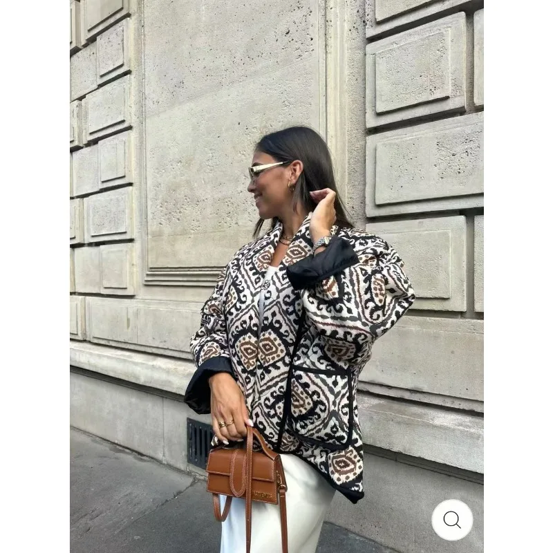 Women's Autumn Winter Jacket Tops Cotton Clothing Thickened Warm Printed Fake Two Pieces Standing Collar Color Crash Outfit New