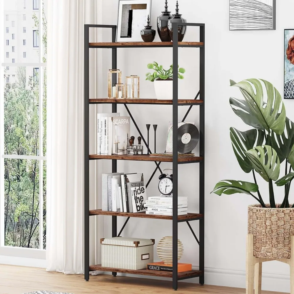 

BON AUGURE Industrial Bookshelf, Etagere Bookcases and Book Shelves 5 Tier, Rustic Wood and Metal Shelving Unit (Rustic Oak)