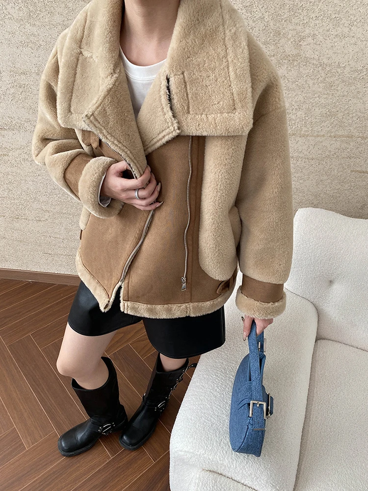 [EAM] Camel Big Size Thick Warm Faux Fur Jacket New Turtleneck Long Sleeve Women Coat Fashion Tide Autumn Winter 2024 1DH7768