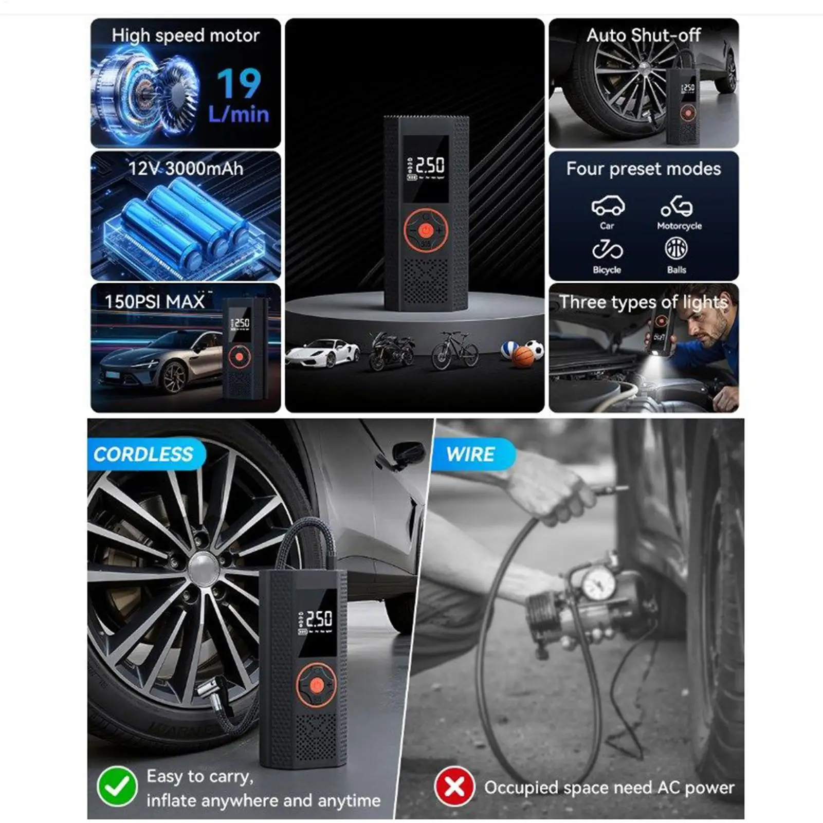 

Tire Inflator With Digital Gauge Rechargeable Portable Tire Inflator For Car For Motorcycle Bike Vehicle Electric Scooter