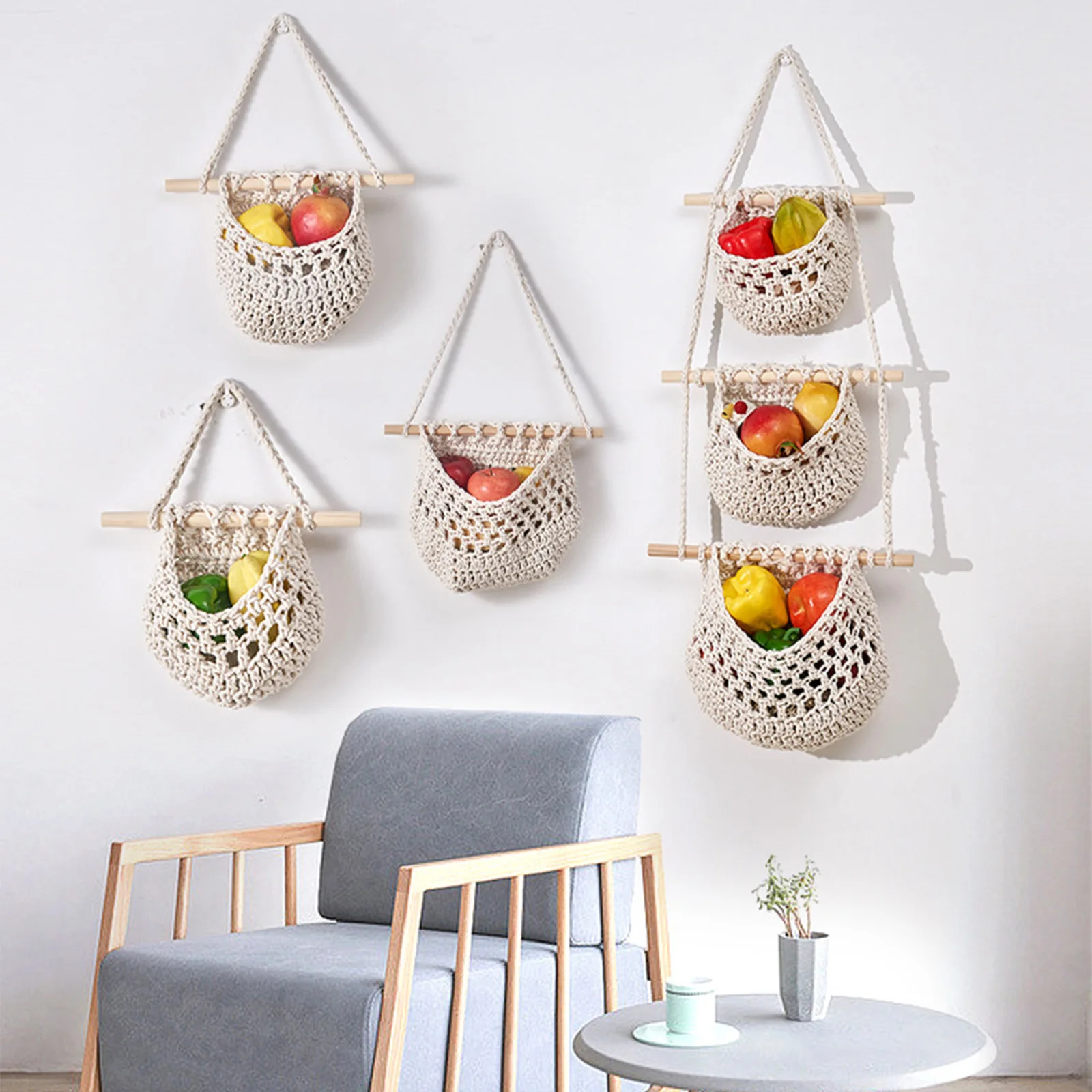 

3 Tier Storage Basket Wall Fruit Braided Bohemia Basket Hanging Baskets For Kitchen Fruit And Vegetable Hanging Woven Pocket