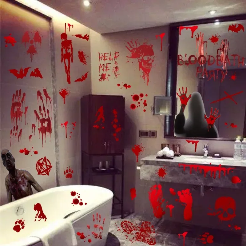 Halloween Blood Static Window Paste Window Bathroom Door Blood Handprint Footprint Skeleton Self-paste Non-adhesive Not EasyDrop