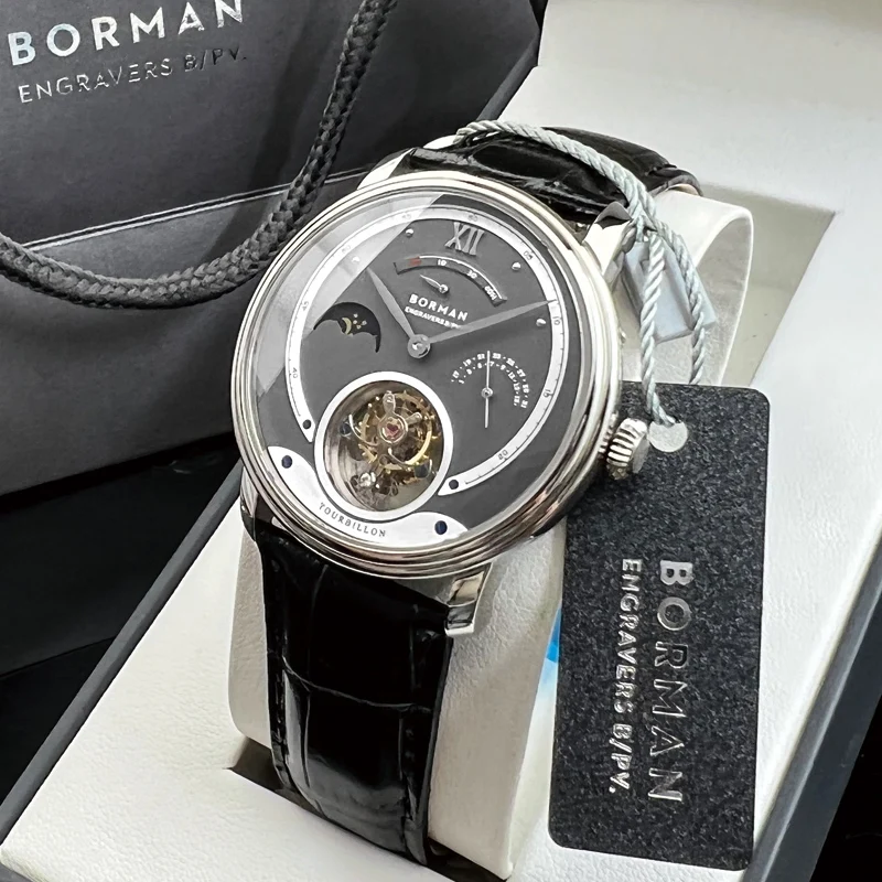 BORMAN Seagull ST8007 Movement WristWatch Luxury Men Mechanical Watches Man Moon Phase Calendar Clock Manual Wind Watches