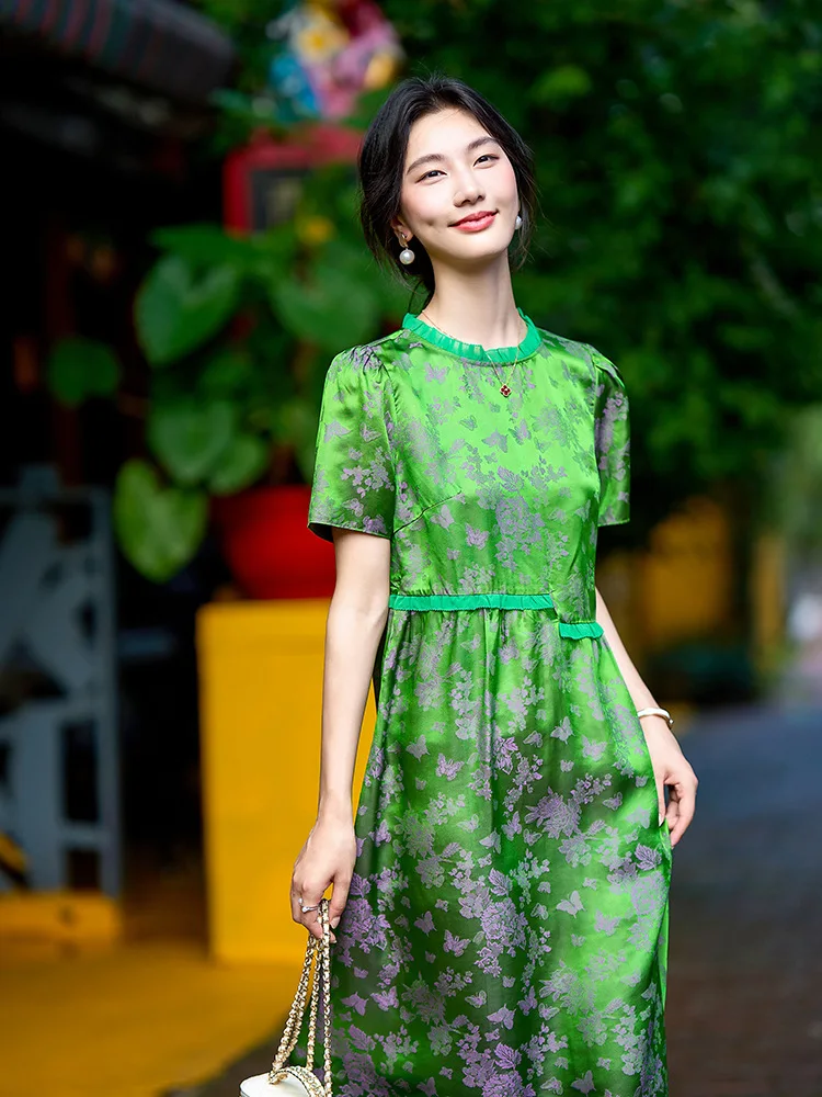 Winsleter-여성 45% 실크 55% 레이온 우아한 드레스, O 넥 반소매 자카드, 복고풍 기질 드레스, 2025 여름 D57169CC