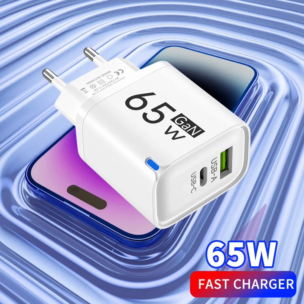 Carregador USB GaN de 65W Tipo C com carregamento rápido para celular, adaptador para iPhone 16 15 Samsung Huawei, carregador de parede com plugue EU/US/UK.