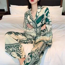 Vrouwen Lingerie Pyjama Set Twee Stukken Zijden Nachtkleding Lange Mouw Cardigan Broek Print Loungewear Luxe Lente Herfst Pyjama