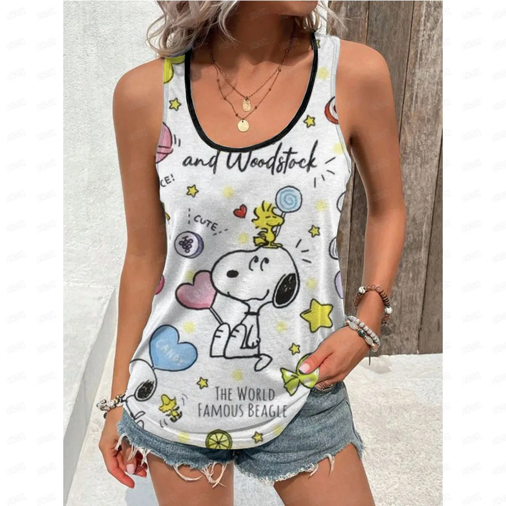 Blusa feminina preta camisas e blusas dos desenhos animados snoopy impressão sem mangas topos solto decote em v pulôveres verão jovem mulher roupas