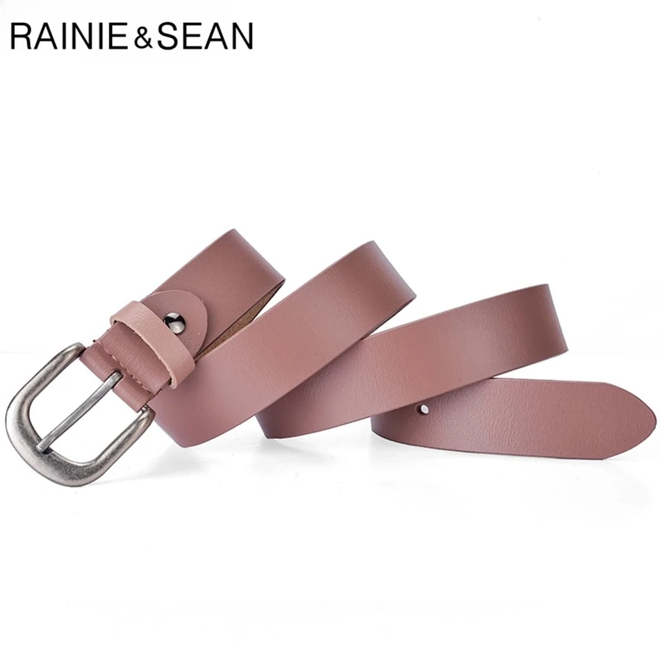

RAINIE SEAN Brand New Pink Belt Women Genuine Cowskin Leather Solid Belt for Trousers Female Pin Buckle Ladies Waist Belts