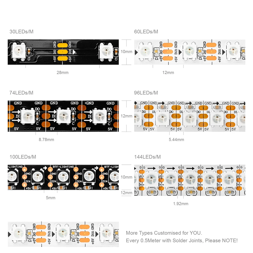 1m 2m 4m 5m WS2812B RGB LED Strip 30/60/74/96/100/144 pixels/leds/m Individual Addressable WS2812 Black/White PCB IP30/65/67 5V