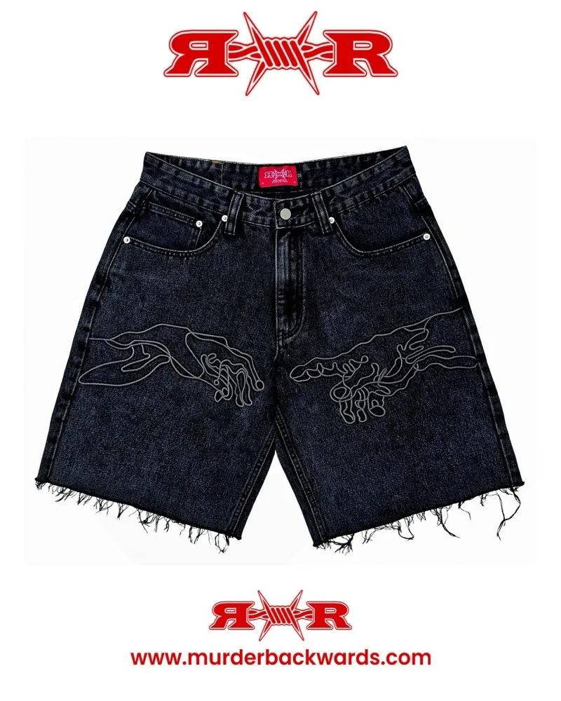 Shorts jeans estampados com zíper masculino, jeans casal casual solto, estilo Harajuku, moda de rua alta, jeans rock Y2k, gótico