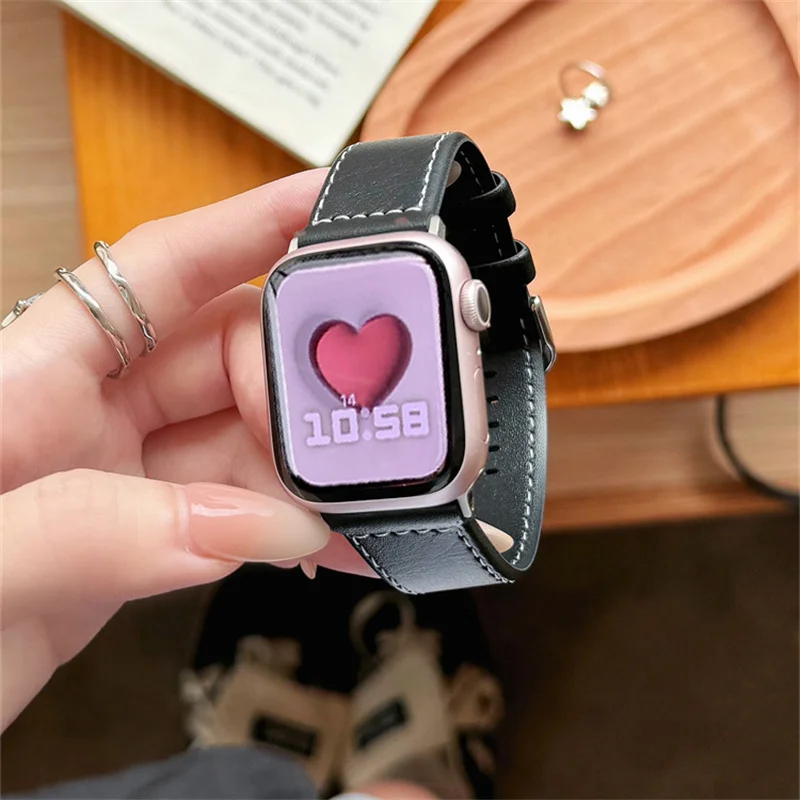 Korea Retro PU Leather Strap For Apple Watch Band 49mm 45 44 41 42 38 40 Correa Fashion Men Women Band For Watch Series 9 8 7 SE