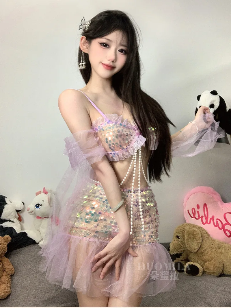

Fairy Dress Cosplay Sequin Mini Dress Mermaid Concubine Pearl Chain Embellishment Uniform Sexy Nightclub Dress Elegant 7HJH