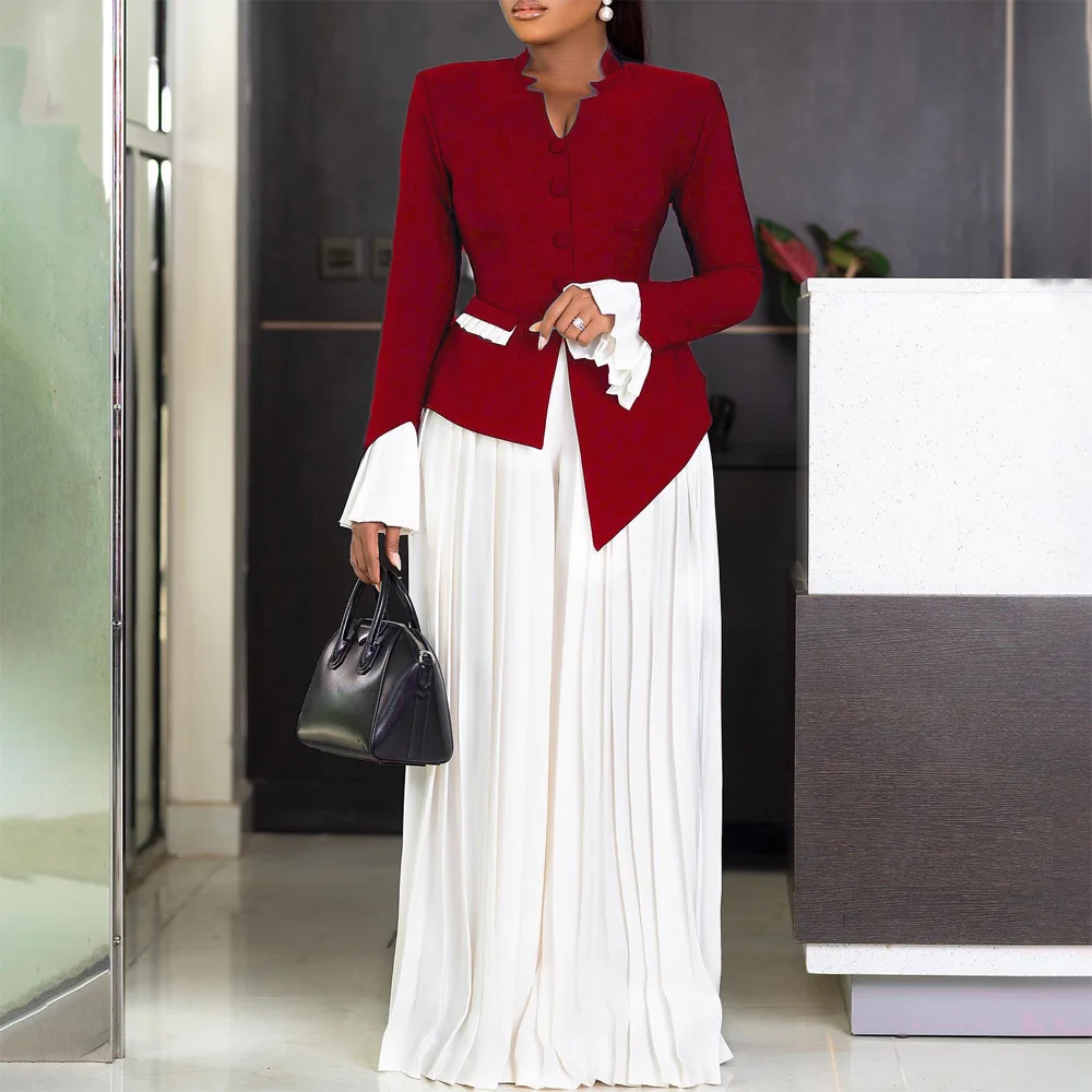 

Luxury 2 Pieces Skirts Sets for Women Blouse V Neck Single Breasted Full Sleeve & Long Skirts Pleated Floor Length Evening Sets