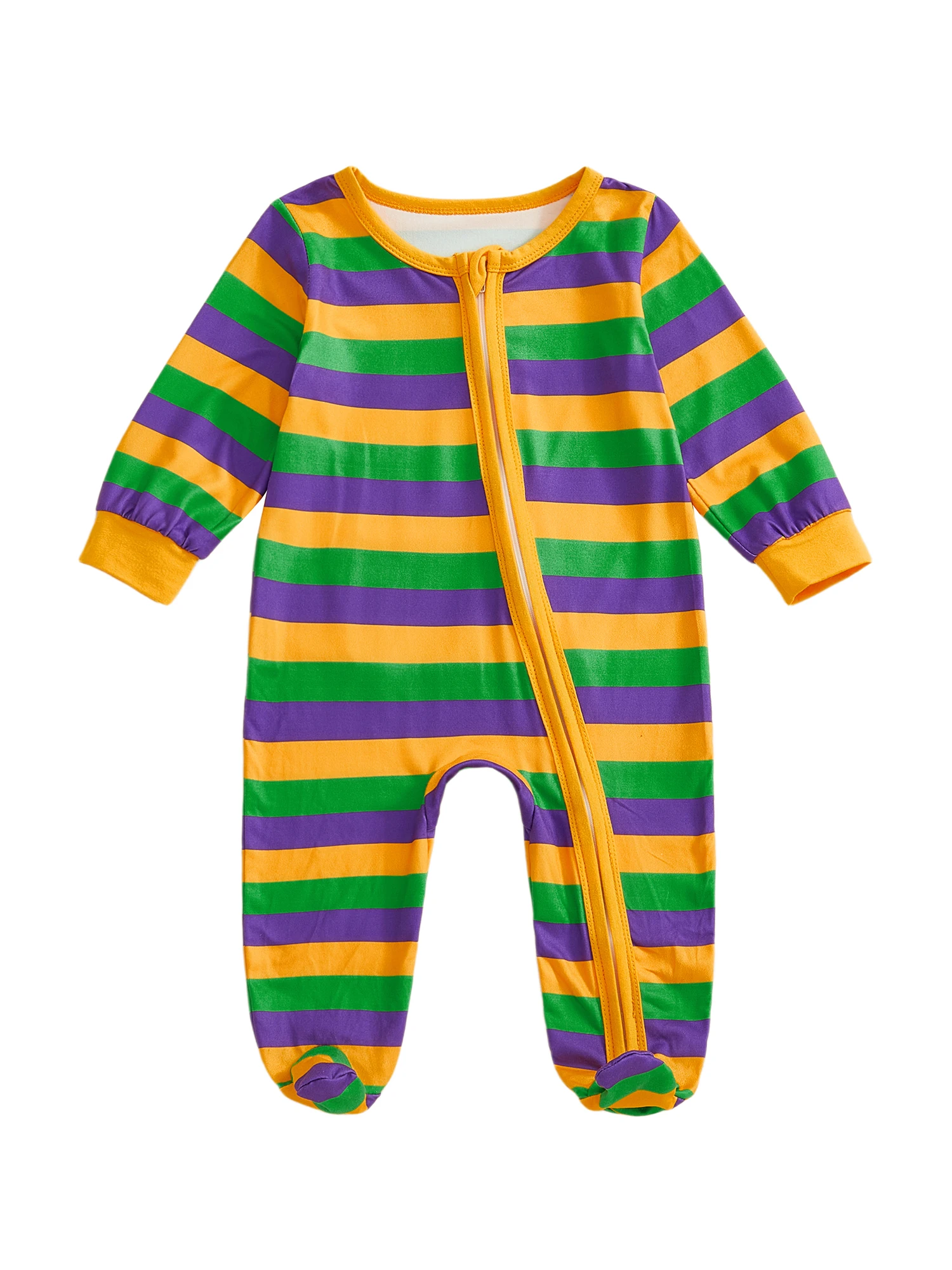 

Newborn Baby Mardi Gras Romper Stripe Print Long Sleeve Zip Up Round Neck Footed Jumpsuit