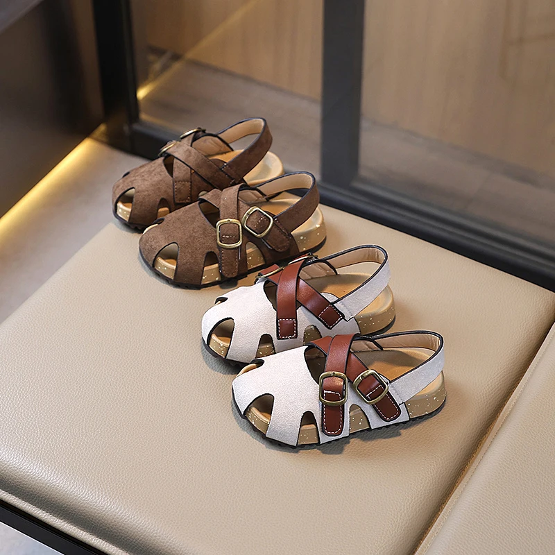 

2025 New Unisex Letter Protect Buckle Cork Sandals Hot Sale Children Summer Beach Cut-outs Anti Slip Casual Sandalias Kids Shoes