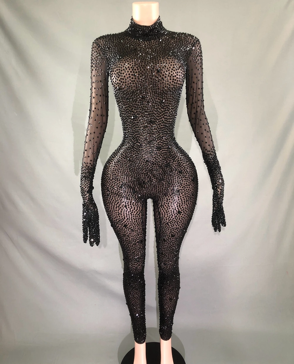 Lussuosi guanti per tuta con strass neri da donna, vestito da compleanno per feste da sera, Costume da ballo con prestazioni in rete Sexy, abbigliamento da palcoscenico