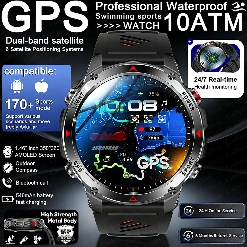 

2026 New GPS Map Navigation Smart Watch Men Women Amoled Screen 3ATM Waterproof Sports Compass Health Bluetooth Call Smartwatch
