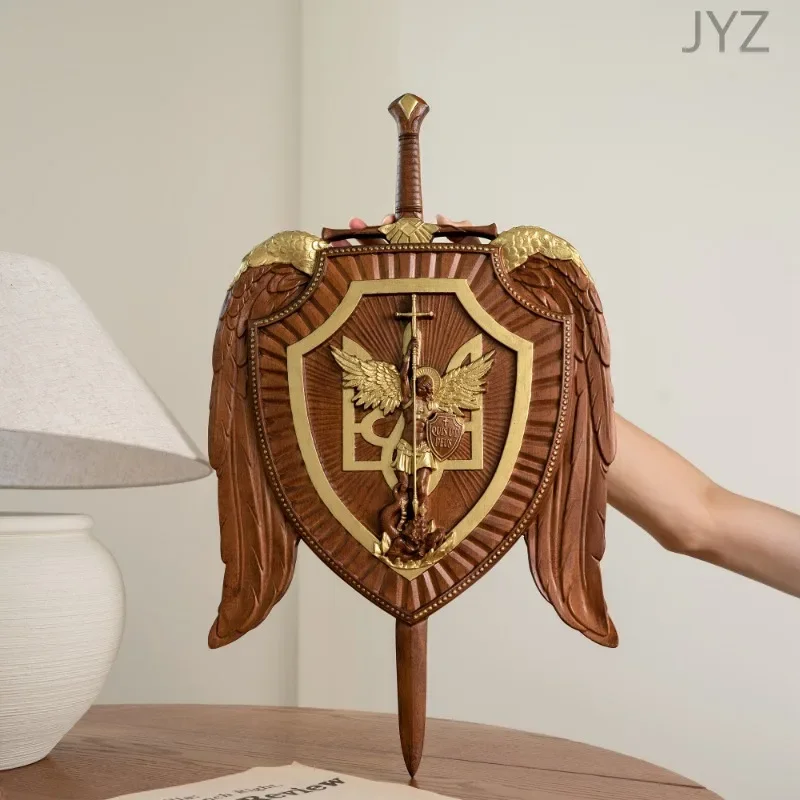 Christian Wood Carving Holy Sword Archangel Michael Shield , Wall Hanging Decor Icon Art Statues