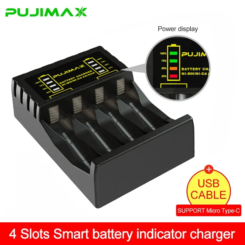 PUJIMAX 4 Slots Intelligent Ni-Mh Battery Charger for Rechargeable 1.2V AA Ni-MH Battery with USB Output Power and LED Display