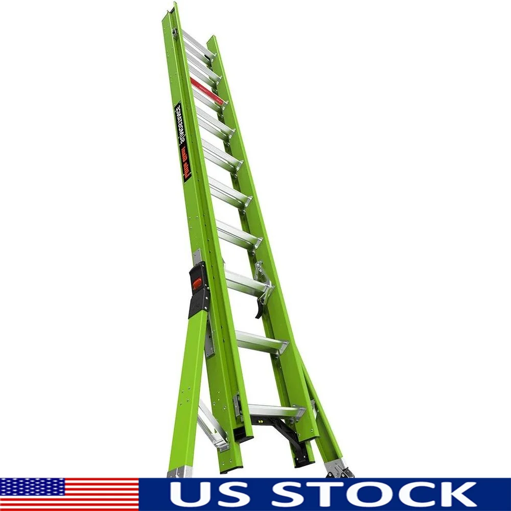 

Fiberglass Extension Ladder 20ft Non-Conductive Adjustable Wide-Flared Leg Type 1A 300 lbs Capacity Hi-Viz Green Double-Pulley