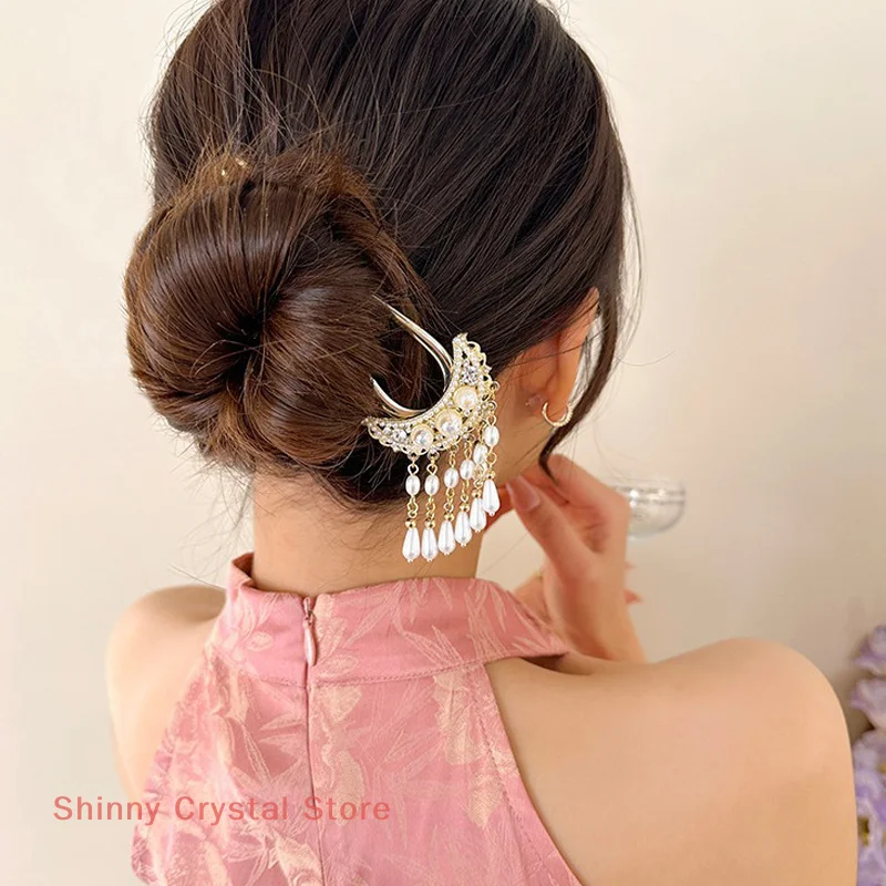 Estilo chinês pérola borla hairpin estilo antigo balançando hairpin para mulheres luz de luxo em forma de u cavalo rosto saia hairpin