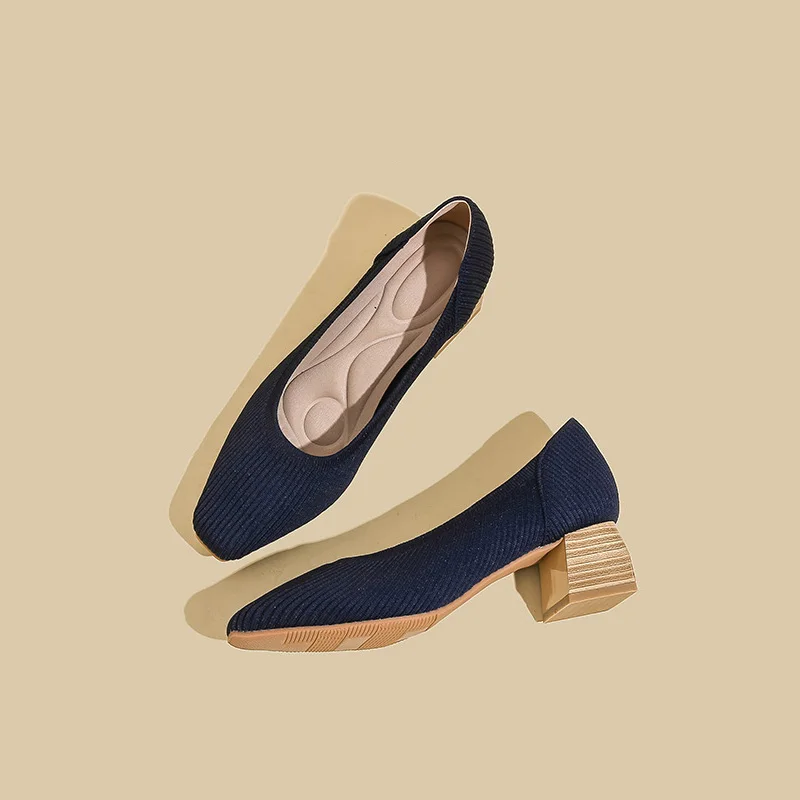 Women shoes Fashion High Heels Elastic Knitted Breathable Square Toe Latex Sweat-absorbing insole Non slip Rubber Sole New 2023