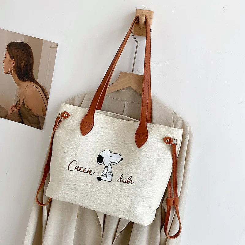 MINISO Disney Series Snoopy Canvas Bag Water Bucket Bag Cartoon Letter Printed Tote Bag Cute Fashion Casual Bag Handbag