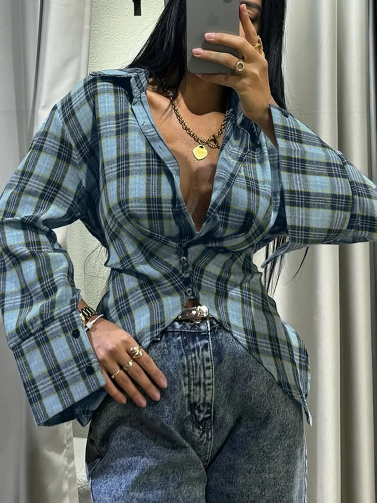 

Mueyaruho Women 2026 Spring Autumn Plaid Shirt Vintage Long Sleeve Slim Fit Blouse For Woman Female
