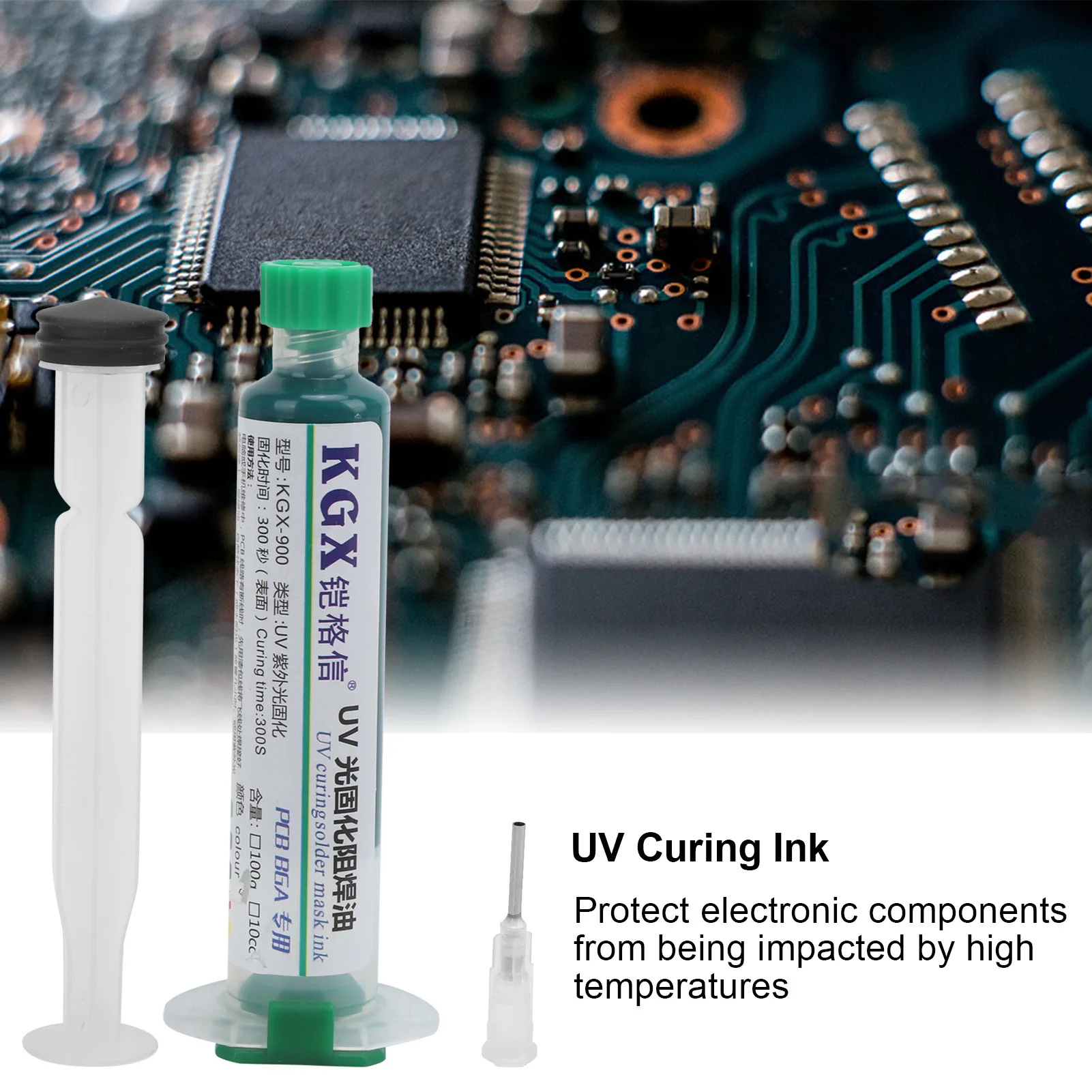 KGX-900, encre résistante à la soudure au durcissement UV vert 10cc avec aiguille poussoir pour soudure de PCB, résistance à la soudure de la peinture, encre résistante à la soudure de PCB