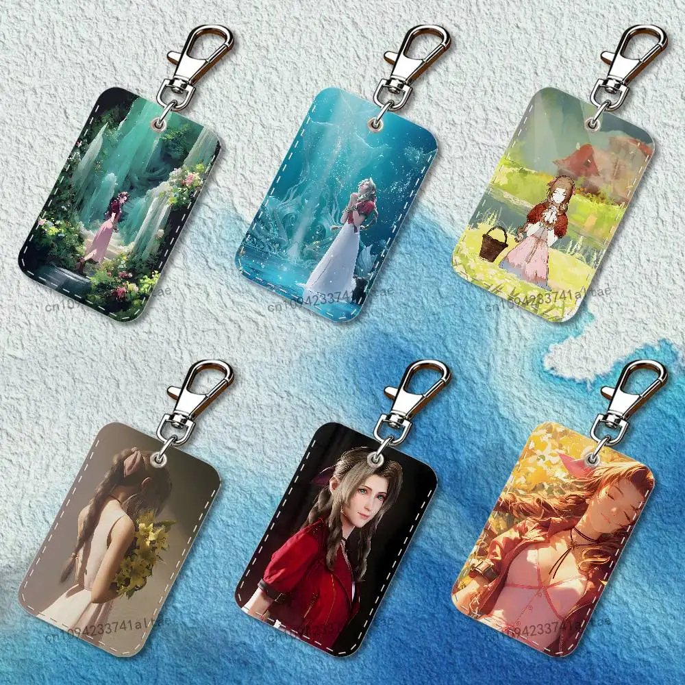 

F-Final F-Fantasy Aerith Gainsborough Rectangle Card Case Keychain Access Card Bag Key Tag Ring Leather Card Holder Ring Access