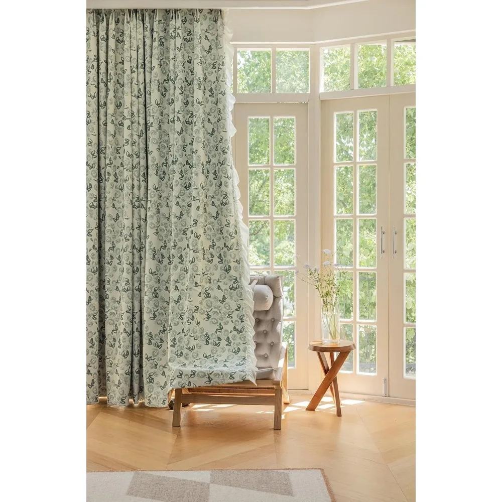 Epinki Curtains Blackout, Chenille Light Green Flower Printed with Ruffle Curtain with Grommets 40 x 96 Inches, 2 Panels